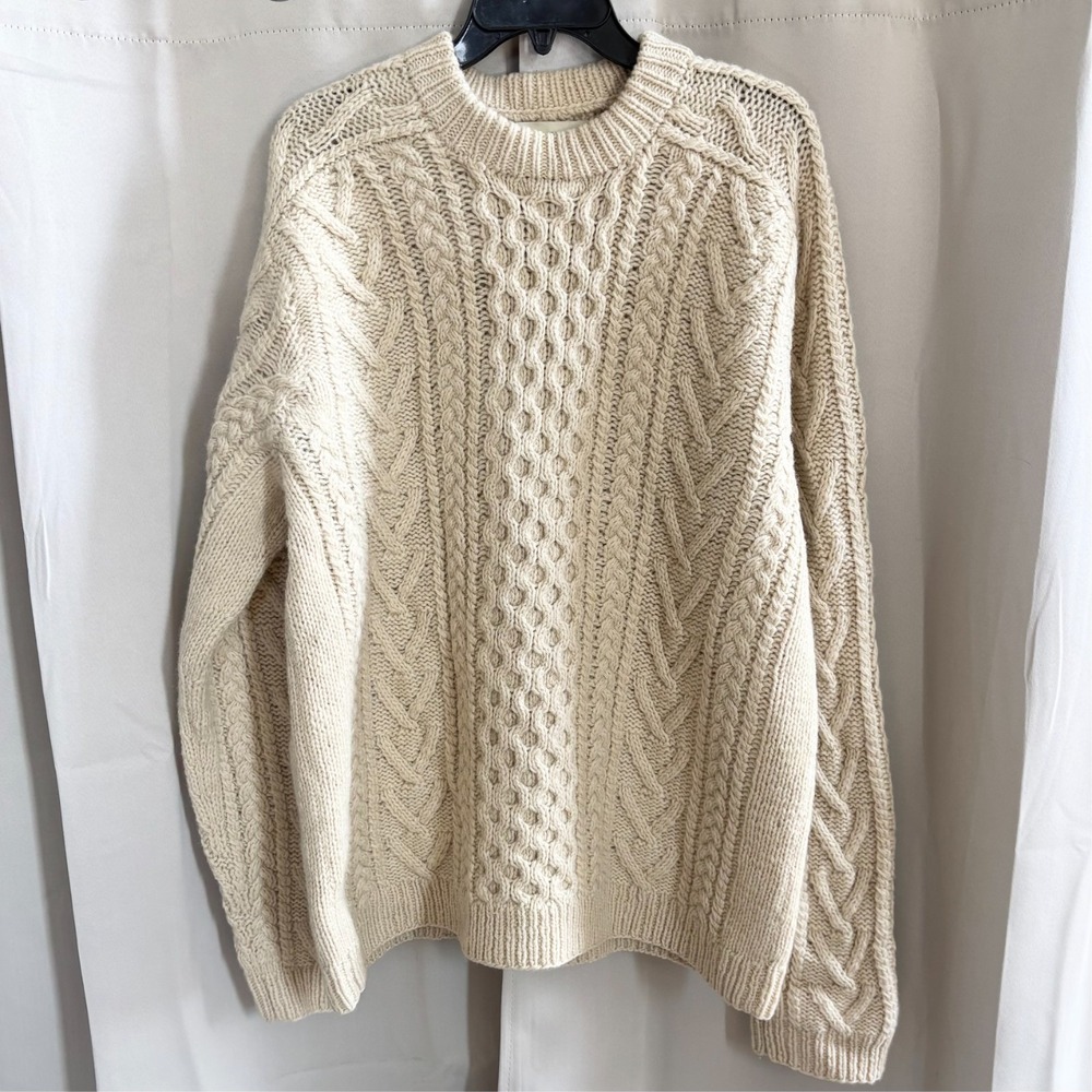 Vtg AEO Men Sweater 100% Wool Fisherman Oversized L Hand Cable Knit Preppy 18757